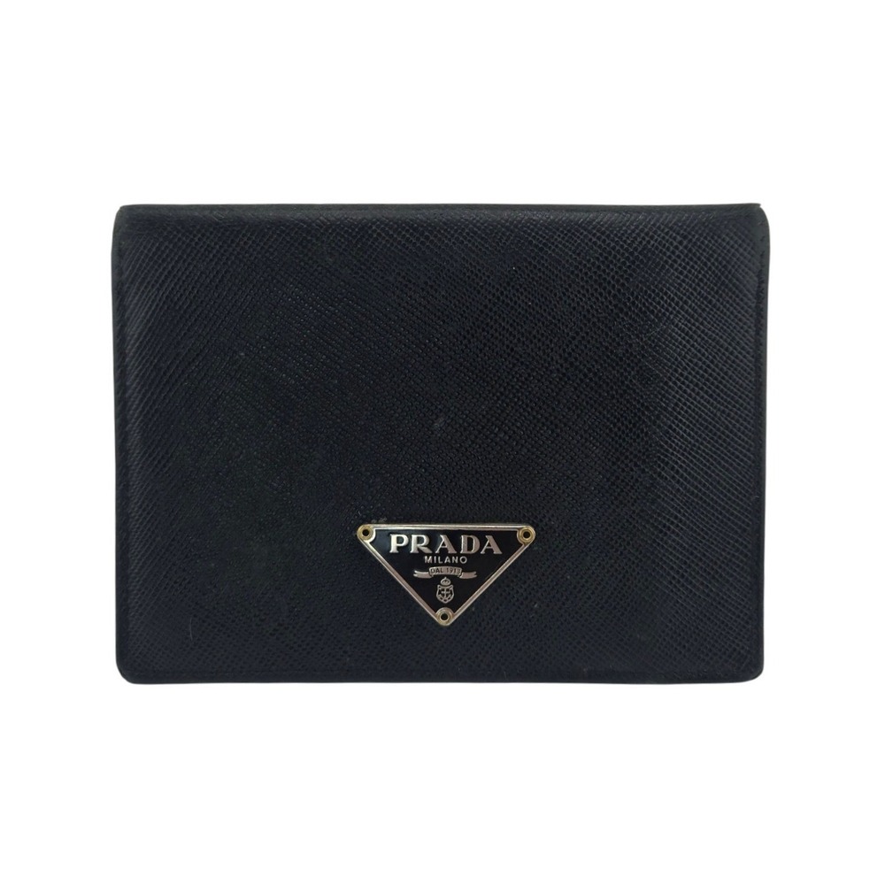 Prada Saffiano Leather Bifold Card Holder Wallet Black Triangle Logo ID Window
